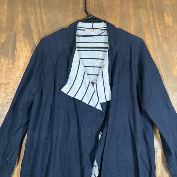 Ann Taylor LOFT Womens Sweater Navy Blue Striped Open Draped Cardigan Stretch L - Picture 2 of 12